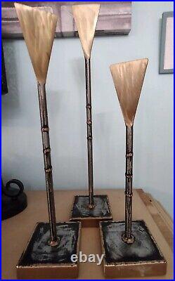 Brutalist signed brushed Brass or Bronze and silver metal Candle Sticks-(set3)