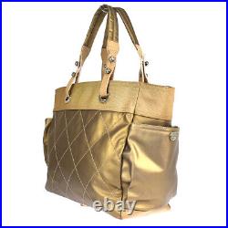 CHANEL CC Logo Paris Biarritz Shoulder Bag Coating Canvas Leather Bronze 35SD224