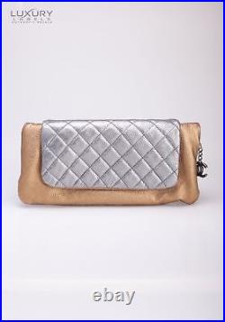 Chanel Metallic Silver Gold Leather Bronze Envelope Evening Clutch Bag