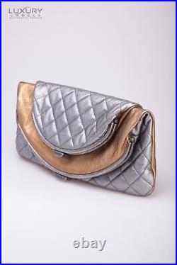 Chanel Metallic Silver Gold Leather Bronze Envelope Evening Clutch Bag