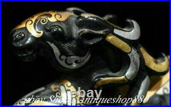 China Bronze Ware 24 K Gold Gilt Silver Dragon God Beast Animal Statue Pair