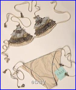 Chio DI Stefania Metalic- Gold Silver Bronze Fringe Bikini Size M $165