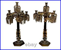 Couple Candlesticks Bronze Golden Hanging Crystal Metá Nineteenth Century