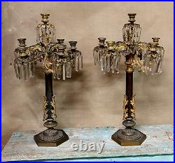 Couple Candlesticks Bronze Golden Hanging Crystal Metá Nineteenth Century