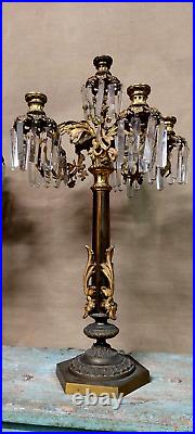 Couple Candlesticks Bronze Golden Hanging Crystal Metá Nineteenth Century