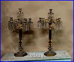 Couple Candlesticks Bronze Golden Hanging Crystal Metá Nineteenth Century