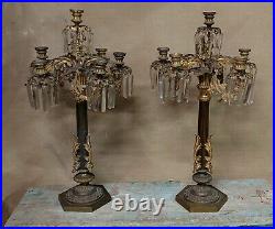 Couple Candlesticks Bronze Golden Hanging Crystal Metá Nineteenth Century