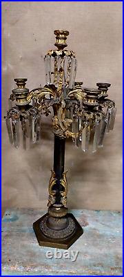 Couple Candlesticks Bronze Golden Hanging Crystal Metá Nineteenth Century