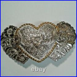 Crumrine Hearts Flowers Silver Plate over Bronze Belt Buckle Ornate Gold Trim