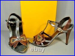 Fendi 36 Metallic Bronze Silver Gold Snakeskin Leather T-strap Sandals Shoes New