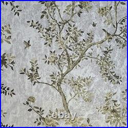 Floral Gray Silver Bronze gold metallic apple trees birds textured wallpaper 3D