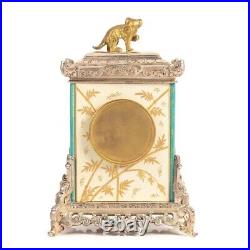 French Japonisme Aesthetic Silvered Bronze and Porcelain Clock