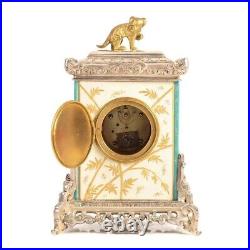 French Japonisme Aesthetic Silvered Bronze and Porcelain Clock