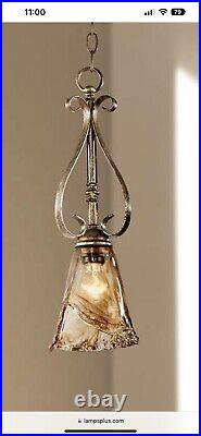 Golden Bronze Silver Pendant Chandelier 6 Scroll Amber Art Glass #66225