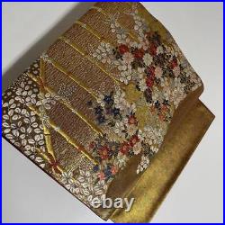 Japanese Bag Obi Bronze Foil Gold Thread Silver Embroidery Chinese Pattern Bambo