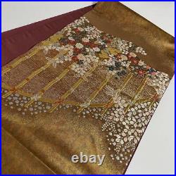 Japanese Bag Obi Bronze Foil Gold Thread Silver Embroidery Chinese Pattern Bambo