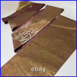 Japanese Bag Obi Bronze Foil Gold Thread Silver Embroidery Chinese Pattern Bambo