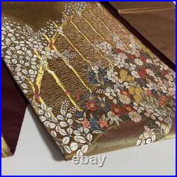 Japanese Bag Obi Bronze Foil Gold Thread Silver Embroidery Chinese Pattern Bambo