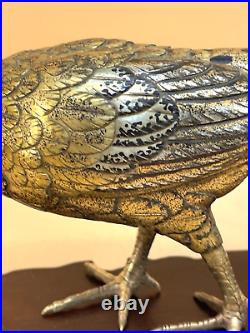 Japanese Bronze Okimono Of Pheasant With Gold, Silver & Shakudo Inlays