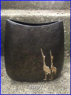 Japanese Heavy Ikebana Bronze Metal Vase Gold Silver Cranes / Turtles