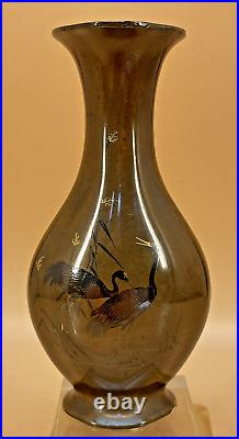 Japanese Meiji Bronze Vase With Gold, Silver & Shakudo Inlays Cranes