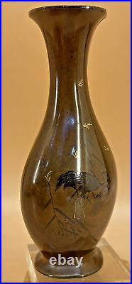 Japanese Meiji Bronze Vase With Gold, Silver & Shakudo Inlays Cranes