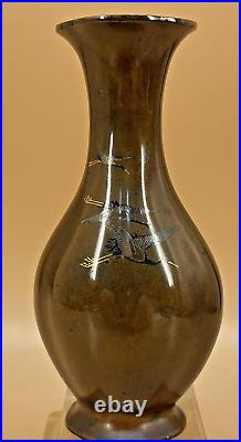 Japanese Meiji Bronze Vase With Gold, Silver & Shakudo Inlays Cranes