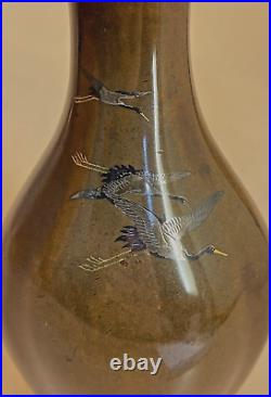 Japanese Meiji Bronze Vase With Gold, Silver & Shakudo Inlays Cranes