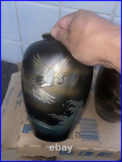 Japanese Pair Bronze Vases With Mixed Metals Silver & Gold