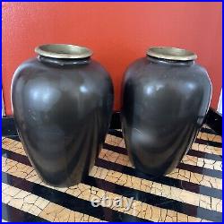 Japanese Pair Bronze Vases With Mixed Metals Silver & Gold Work
