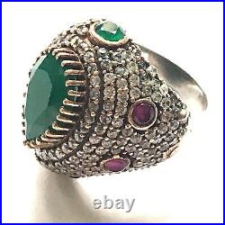 Jewels Of India Emerald Ruby Gold Bronze Sterling Silver Vintage Ring