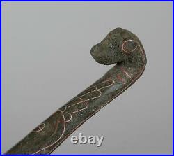 Large Chinese Silver and Gold Inlay Bronze Serpent Head Belt Hook Han Dynasty