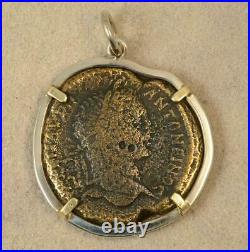 Large Roman Bronze Coin Elagabalus A. D. 218-222 Silver + Solid 14kt Gold Pendant