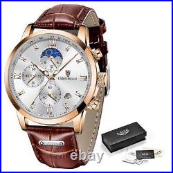 Lige Men's Chronograph Watch Quartz Waterproof Business Leather Wristwatch