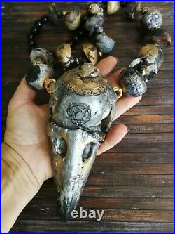 Luxury jewelry gothic witch wicca punk skull black raven necklace gold silver 1