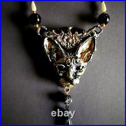 Luxury jewelry simulated pearl gold silver precious stones necklace sphynx cat 3