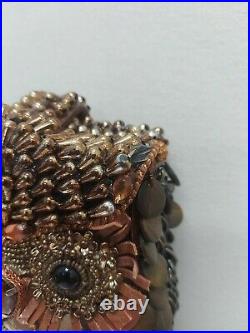 Mary Frances Metallic Bronze Silver Beaded Wise Owl Brown Handbag Purse Read