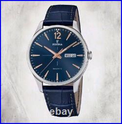 Men's Festina Blue Leather Watch F20205/3 Analogue Watch Classic Retro RRP £105