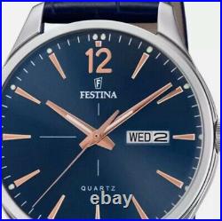 Men's Festina Blue Leather Watch F20205/3 Analogue Watch Classic Retro RRP £105