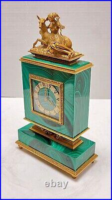 Mid-Century Modern Gilt Silver Malachite Desk Table Alarm Clock w Diana & Stag