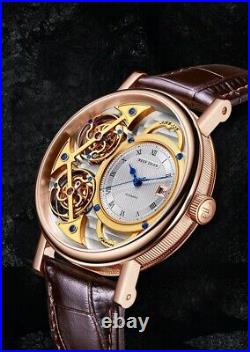 New Reef Tiger Gold Crown 3D Luxury Genuine Leather Band Men's Watch Automatic