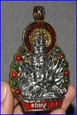 Old China Bronze Silver Gilt 1000 Arms Avalokiteshvara of Goddess Buddha Pendant