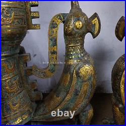 Pair 43'' old bronze gold silver inscription auspicious four bird jar por vase
