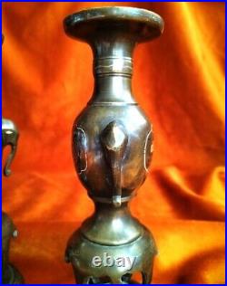 Pair Of Antique Vases Gold Niello Bronze Silver, And Copper Vietnam 19th Century