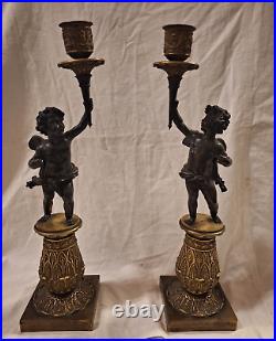 Pair Of Candlesticks Bronze Patina Golden