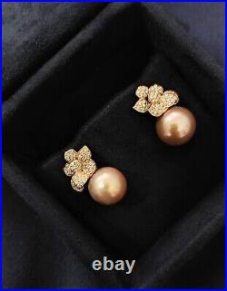 Pearl Studs Earrings Rose Gold Plated Sterling 925 Flower Design CZ Jewelry