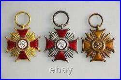 Poland Order Cross of Merit PRL Medal Set 3 pcs Golden Silver Bronze 1960s