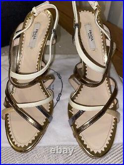Prada Bronze Metallic Vernice Multicolored Strappy Sandals Heels Size 5 (38) BOX