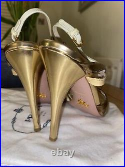 Prada Bronze Metallic Vernice Multicolored Strappy Sandals Heels Size 5 (38) BOX