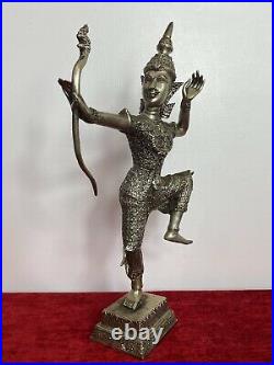 Rare Bronze Buddha Huntress Figural Sculpture Over Gilded In Silver Plate